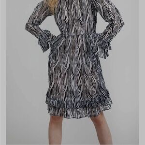 Batsheva Black and White Ruffled Sheath Dress